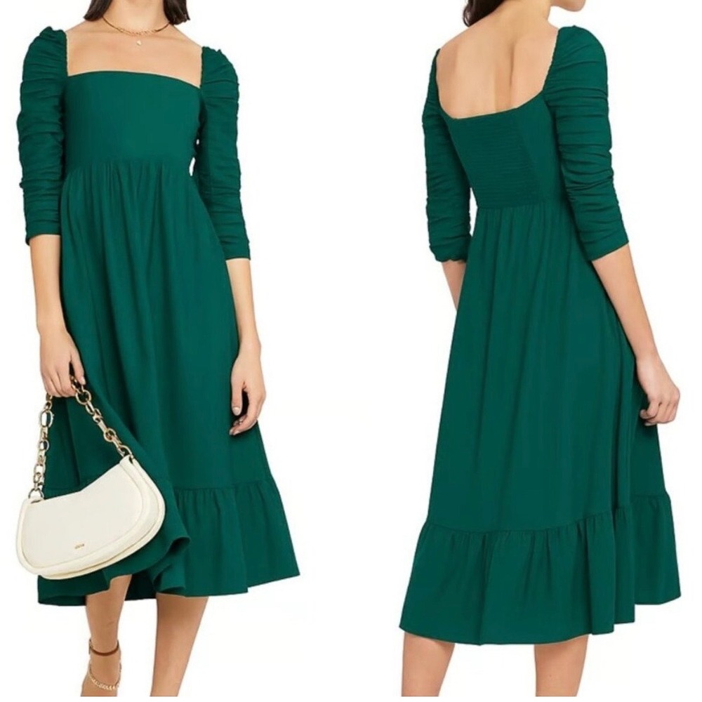 O.P.T. Tuckernuck Green Ruched Sleeve Midi Dress Square Neck Smocked Back Medium